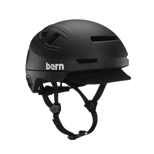 Bern Hudson MIPS bike helmet, matte black, front three-quarter view.