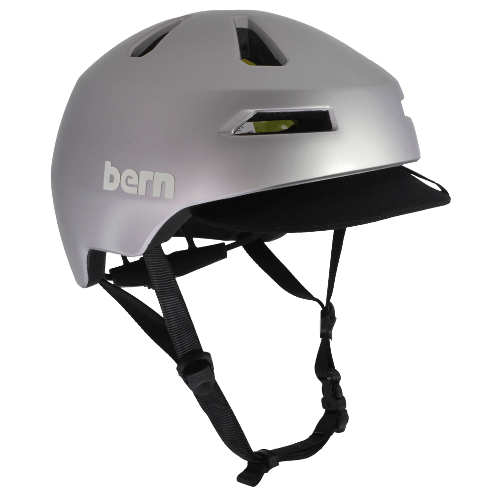 Bern Brentwood 2.0 Mips Bike Helmet, Metallic Gray, front three-quarter view, flip visor down