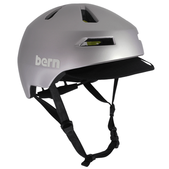 Bern Brentwood 2.0 Mips Bike Helmet, Metallic Gray, front three-quarter view, flip visor down