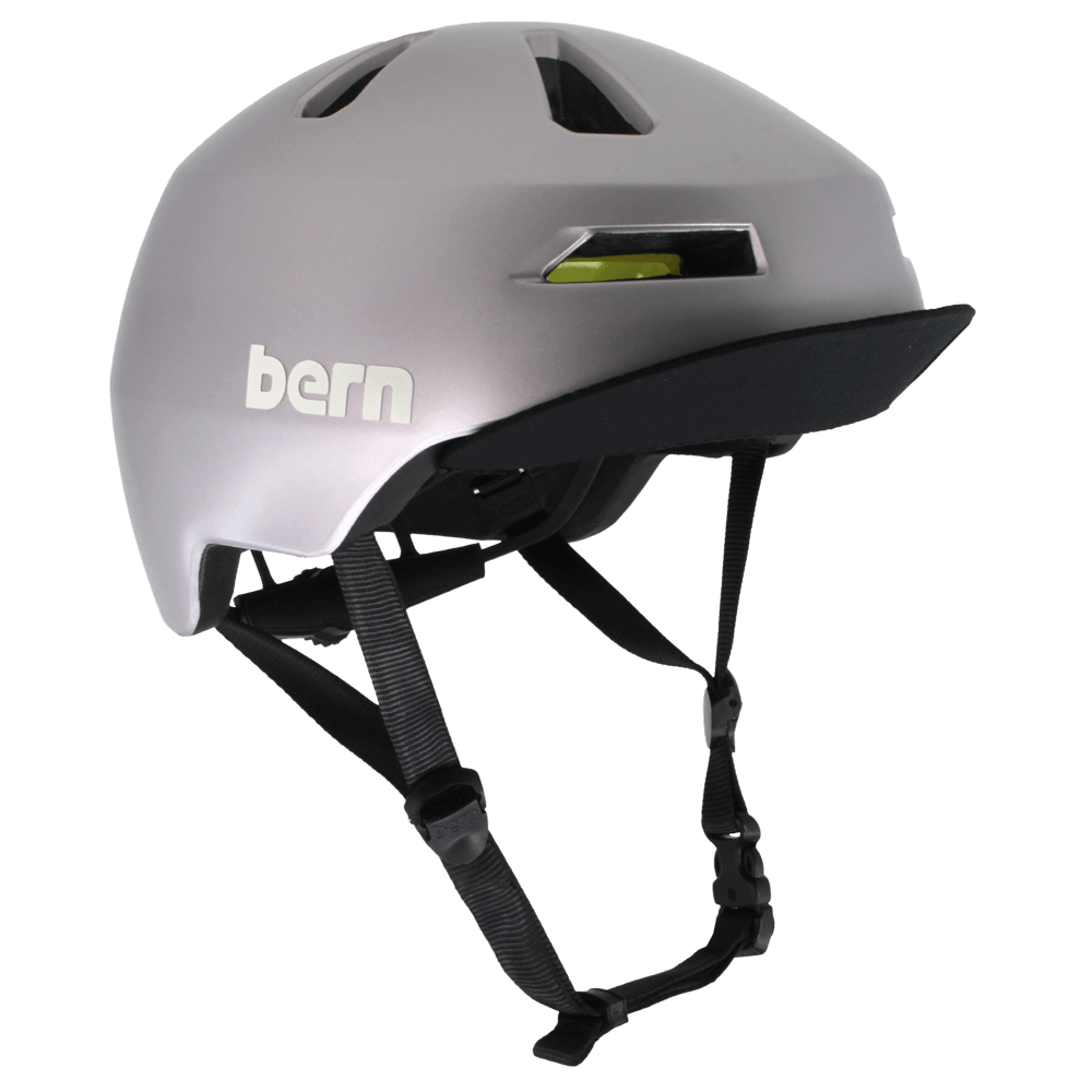 Bern Brentwood 2.0 Mips Bike Helmet, Metallic Gray, front three-quarter view, flip visor up