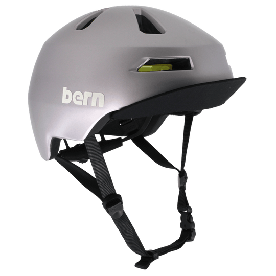 Bern Brentwood 2.0 Mips Bike Helmet, Metallic Gray, front three-quarter view, flip visor up