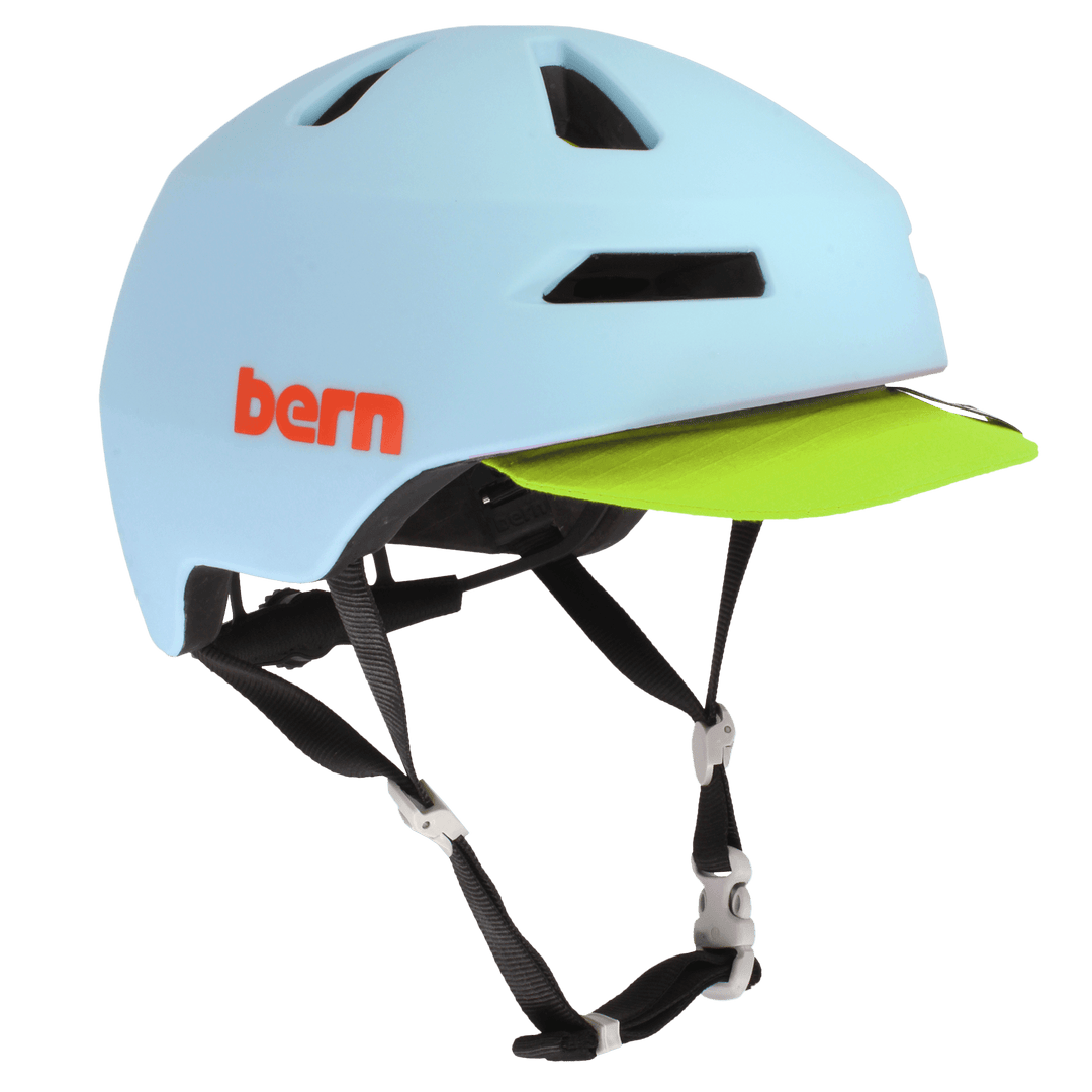 Bern Brentwood 2.0 Mips Bike Helmet, Matte Pool, three-quarter view, flip visor down
