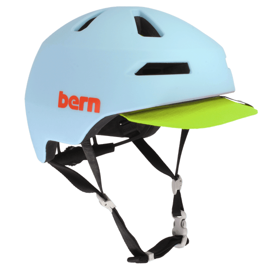 Bern Brentwood 2.0 Mips Bike Helmet, Matte Pool, three-quarter view, flip visor down