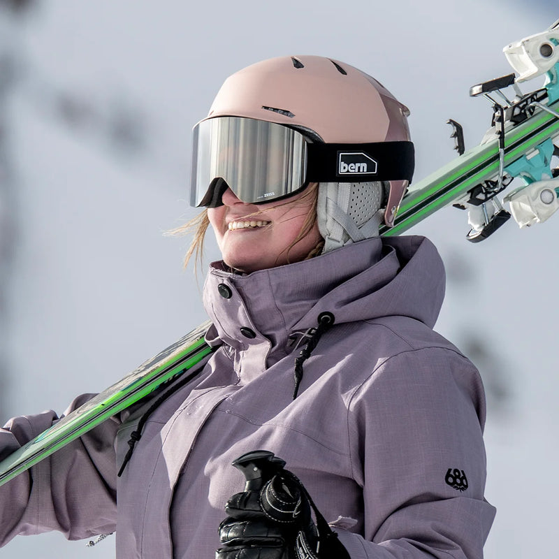 woman wearing bern hendrix mips winter helmet, Metallic Rose Gold Hatstyle 