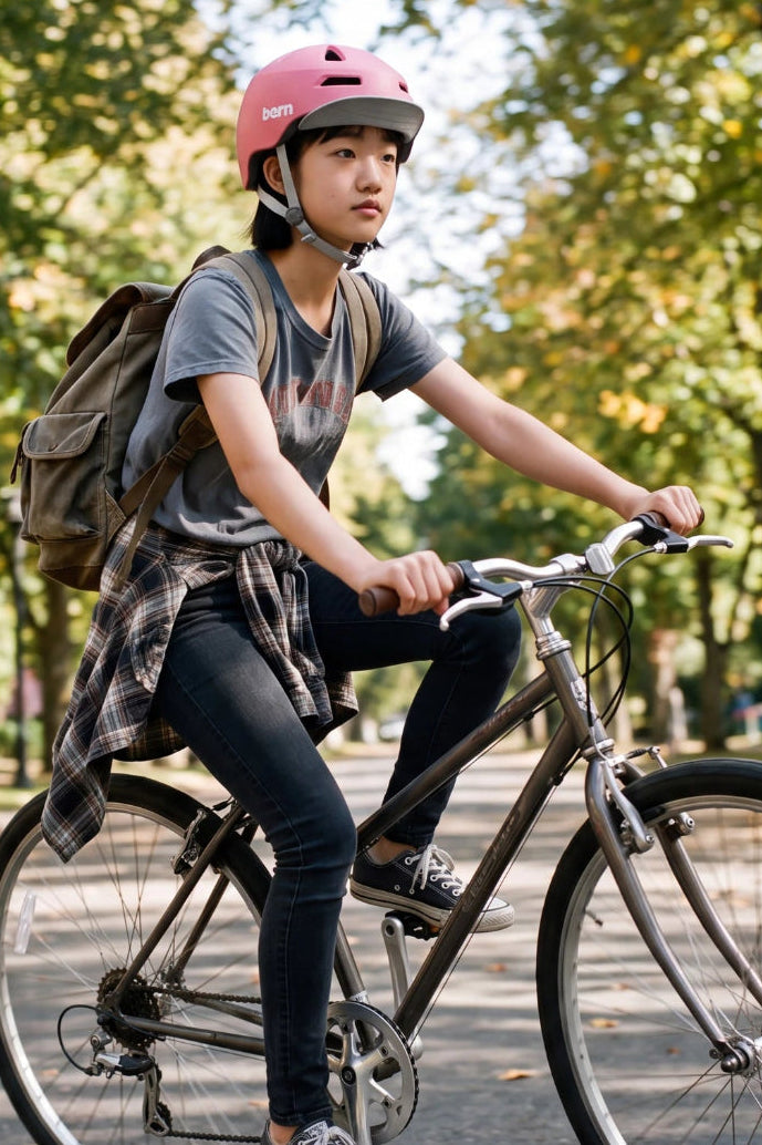 A teenager riding a bicycle on a tree-lined path, wearing a grapefruit brentwood jr bern bike helmet.