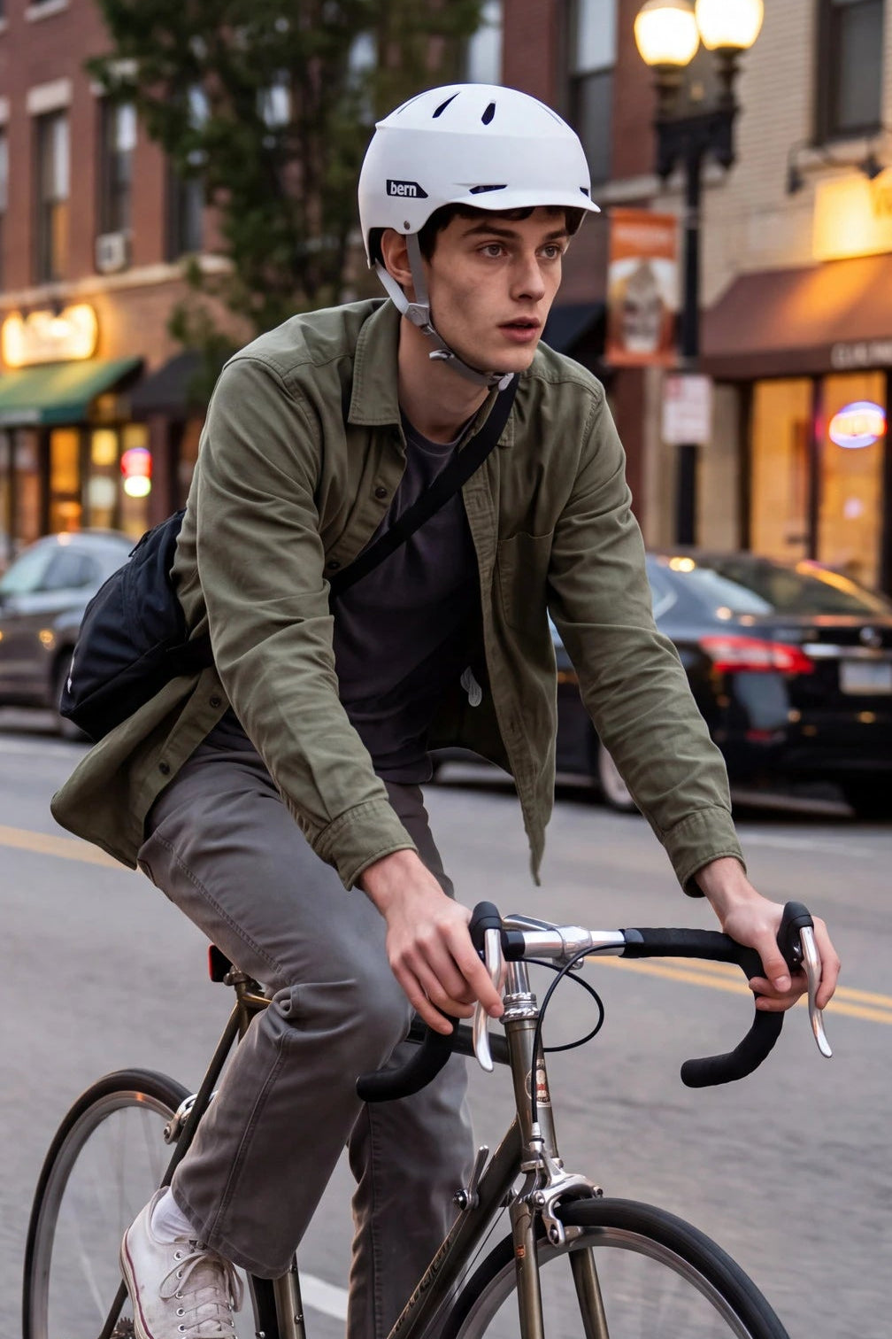 man riding a bike down the road with a city backdrop wearing a bern hendrix vapor bike helmet
