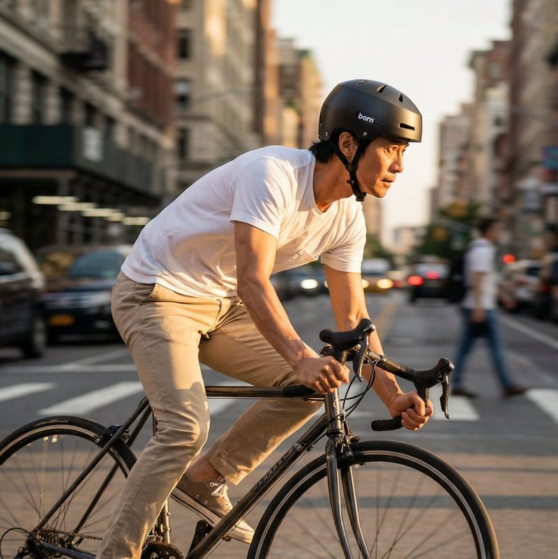 Man riding a bicycle on a city street during sunset wearing macon 2.0 carbon fiber bike helmet